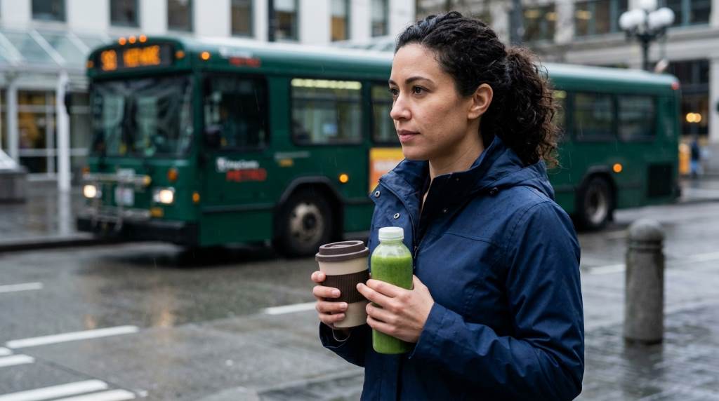 Plant-based smoothie and protein-rich snacks on an office desk