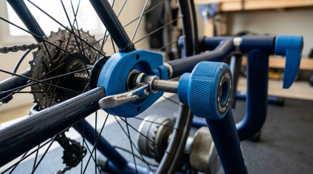 A bicycle rear axle tightly clamped into a magnetic trainer stand mechanism.