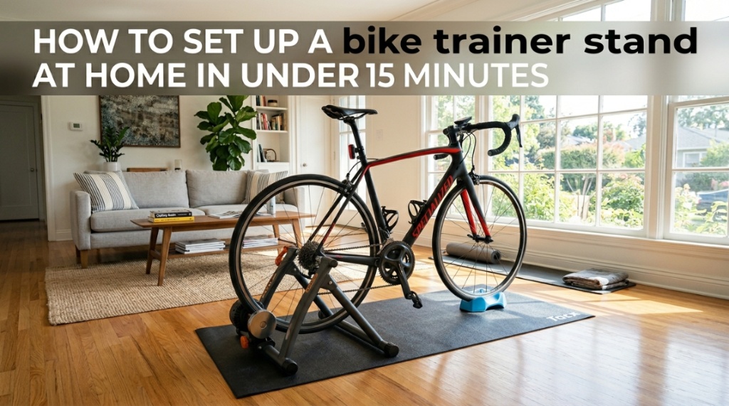 A road bike mounted on a trainer stand in a bright living room.