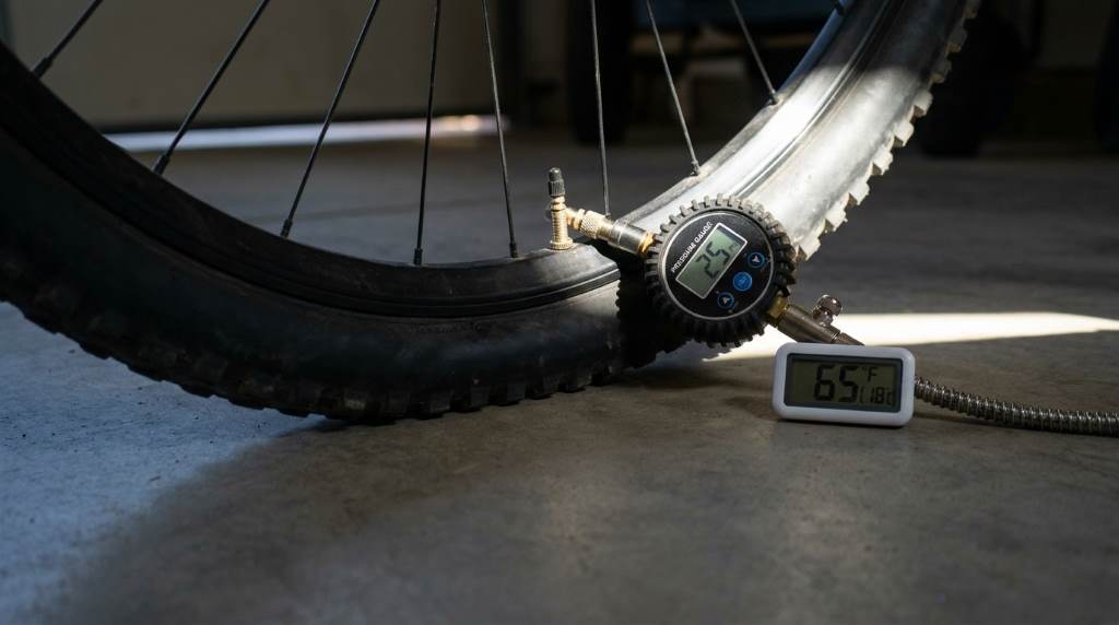 Cyclist checking bicycle tire pressure before riding
