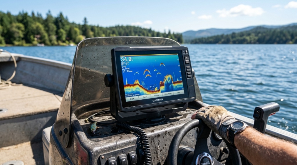 Modern fish finder mounted on a boat console displaying an underwater sonar graph.