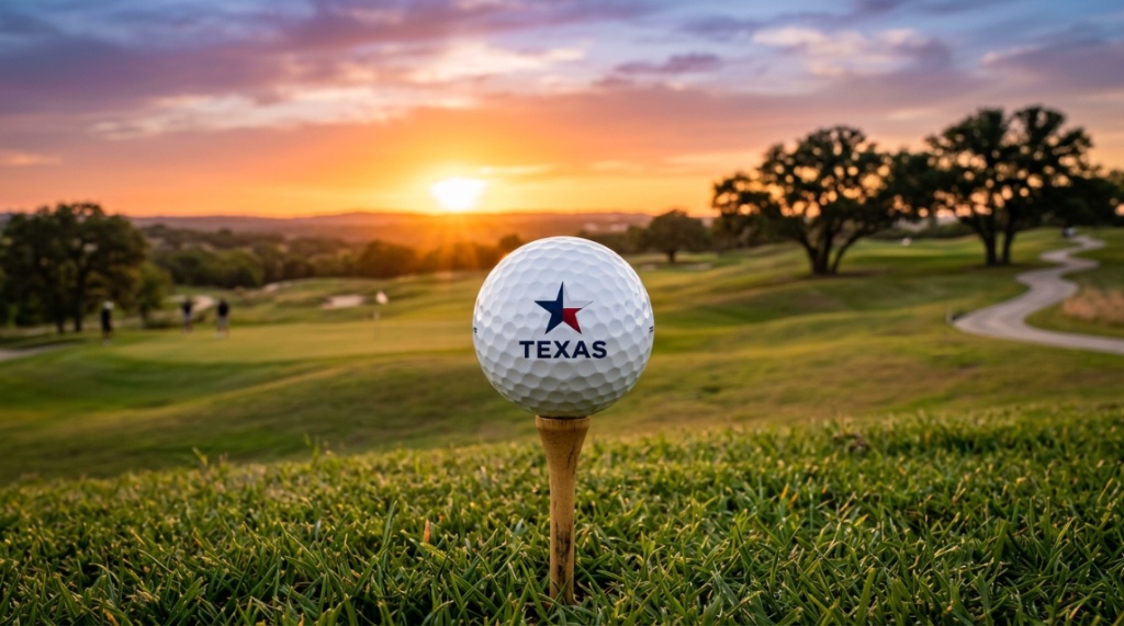 A premium golf ball featuring a Texas star logo on a tee at sunset.