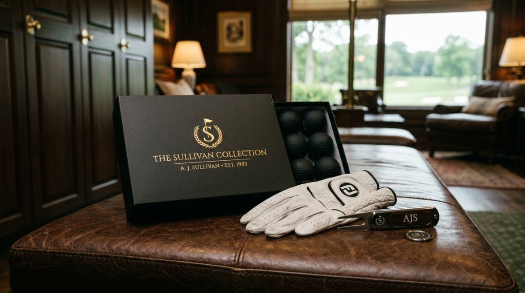 A luxury box of custom golf balls next to a leather glove.