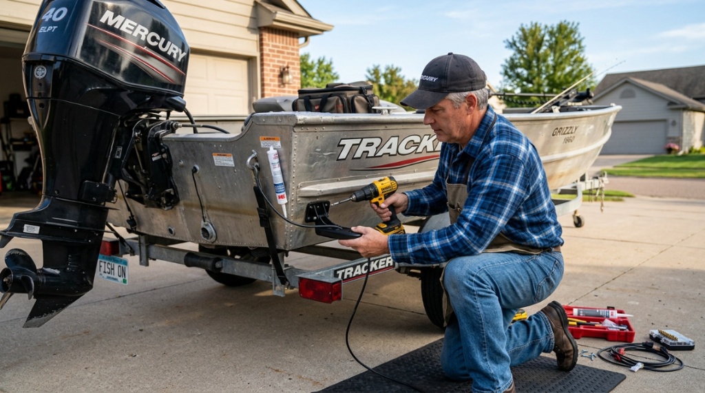 Fisherman installing a sonar transducer onto the transom of a boat.
