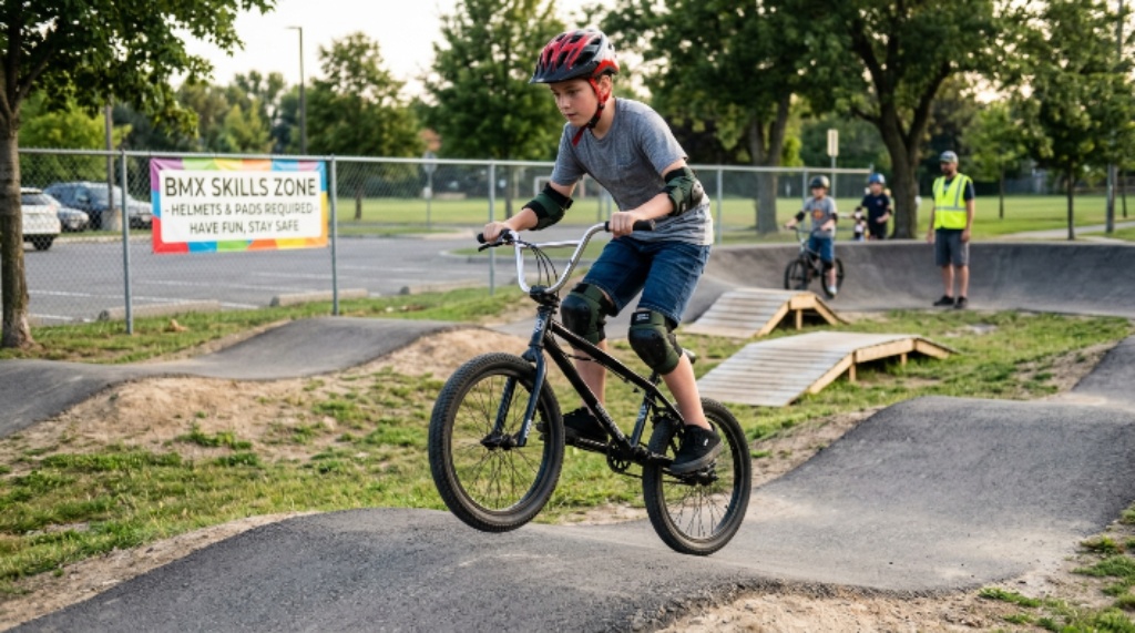 Beginner BMX rider practicing bike skills and safety