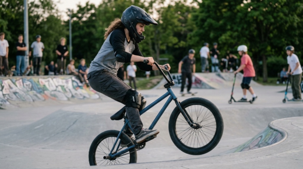 Beginner learning BMX biking skills on a BMX bike