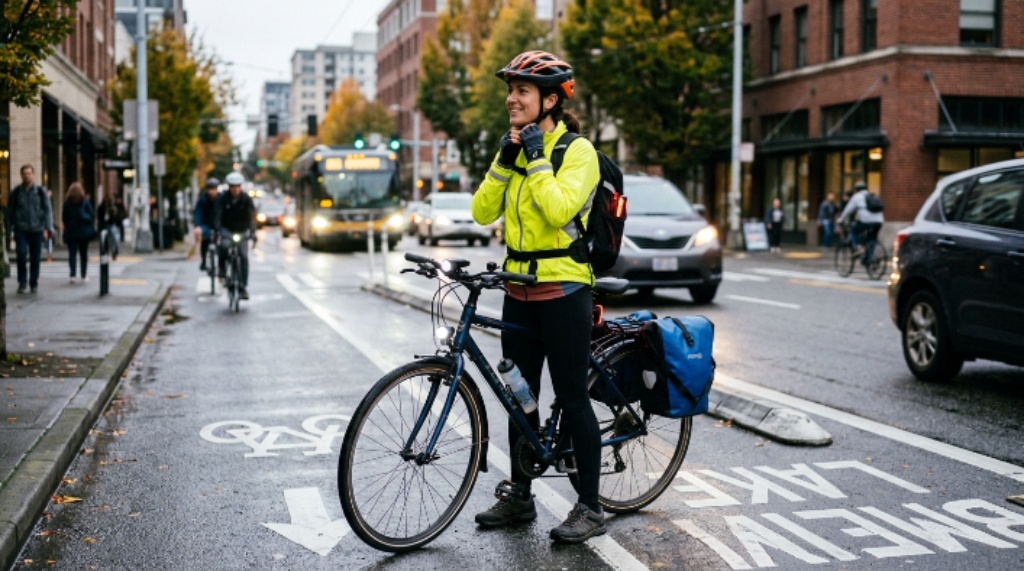 Cyclist preparing for a safe daily commute