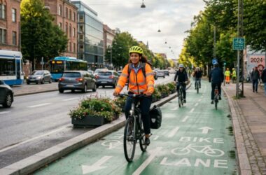 Bike commuter riding safely on a city route