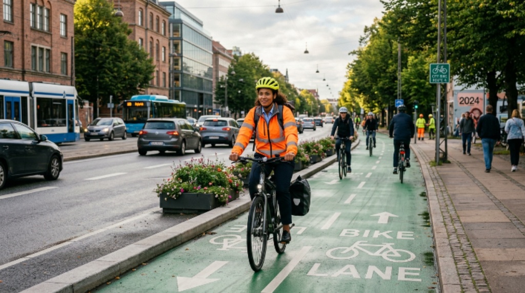 Bike commuter riding safely on a city route