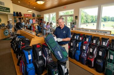 Golfer browsing affordable golf bags inside a bright Georgia pro shop.