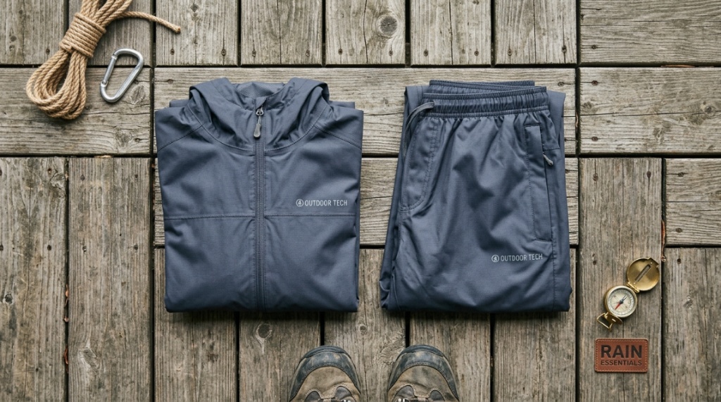 Folded budget rain jacket and pants on a wooden surface.