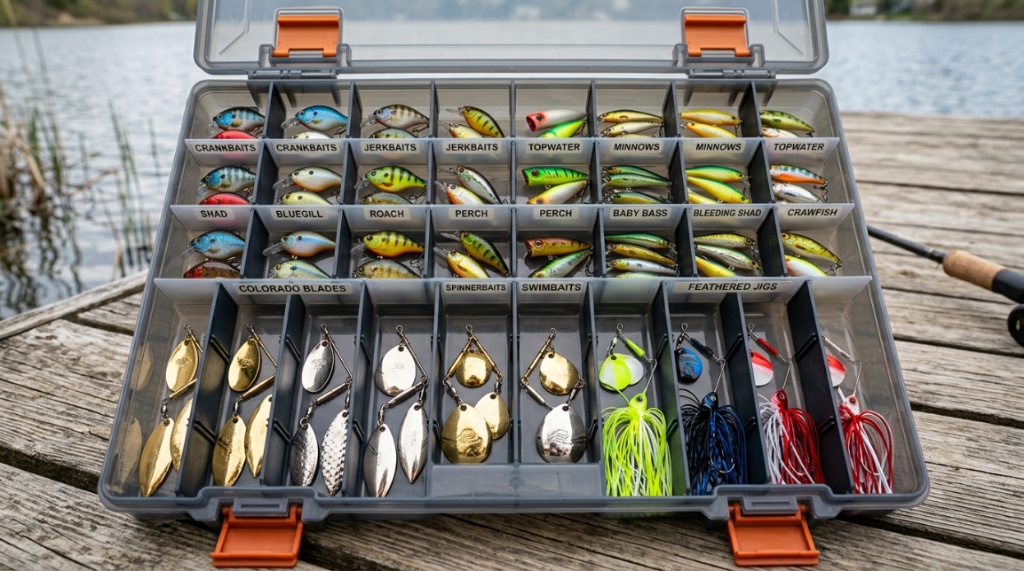 Open tackle organizer showing neatly sorted hard baits and spinnerbaits.