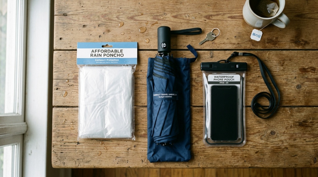 Affordable rain gear essentials laid out neatly on a rustic wooden table.