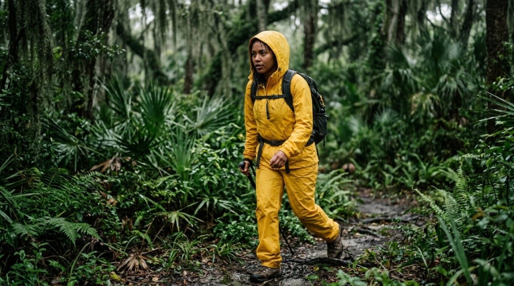 Hiker wearing a budget rain suit on a wet Florida trail.