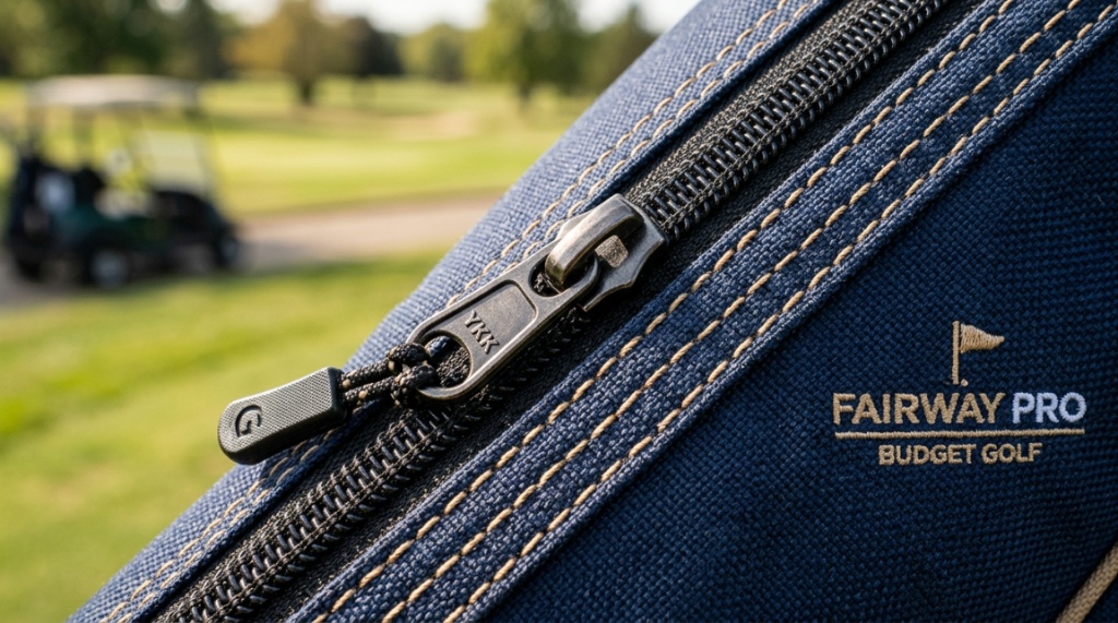 Close-up of durable stitching and zippers on a quality budget golf bag.