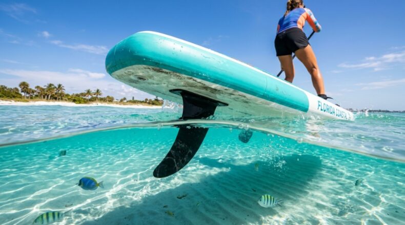 Paddleboarder gliding over clear Florida waters with a durable SUP fin.