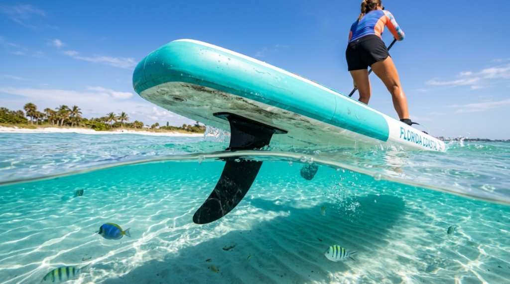 Paddleboarder gliding over clear Florida waters with a durable SUP fin.
