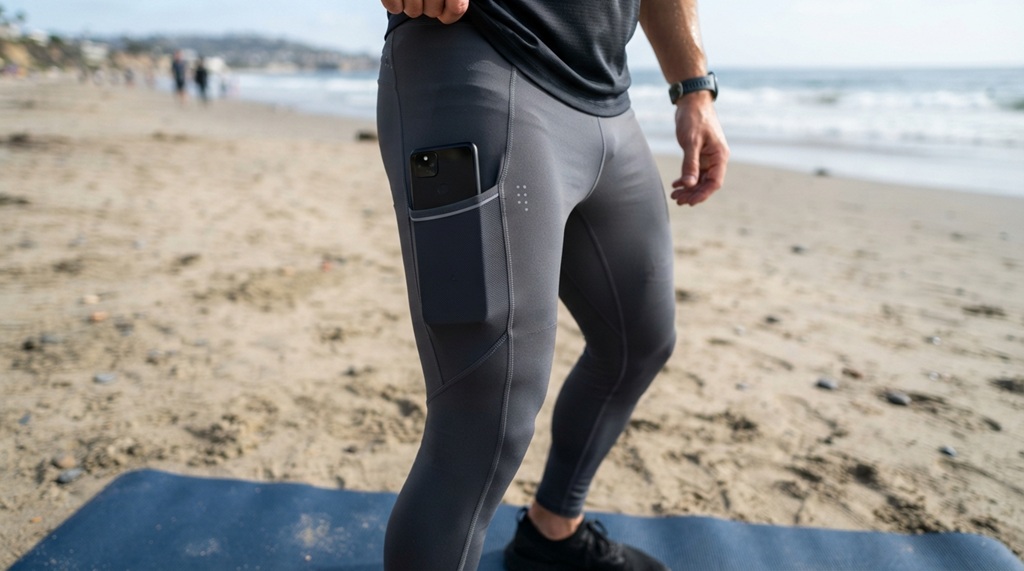 Close up of smartphone stored safely inside pocket of men running leggings.