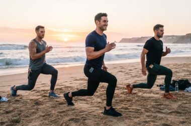 Three men exercising on a sandy beach wearing athletic leggings with side pockets.