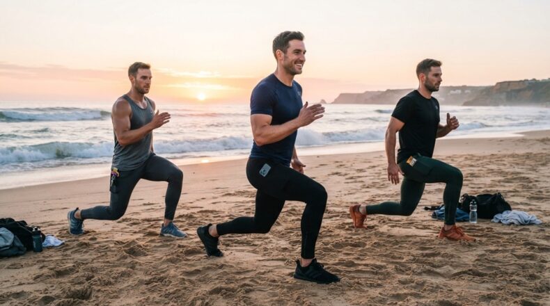 Three men exercising on a sandy beach wearing athletic leggings with side pockets.