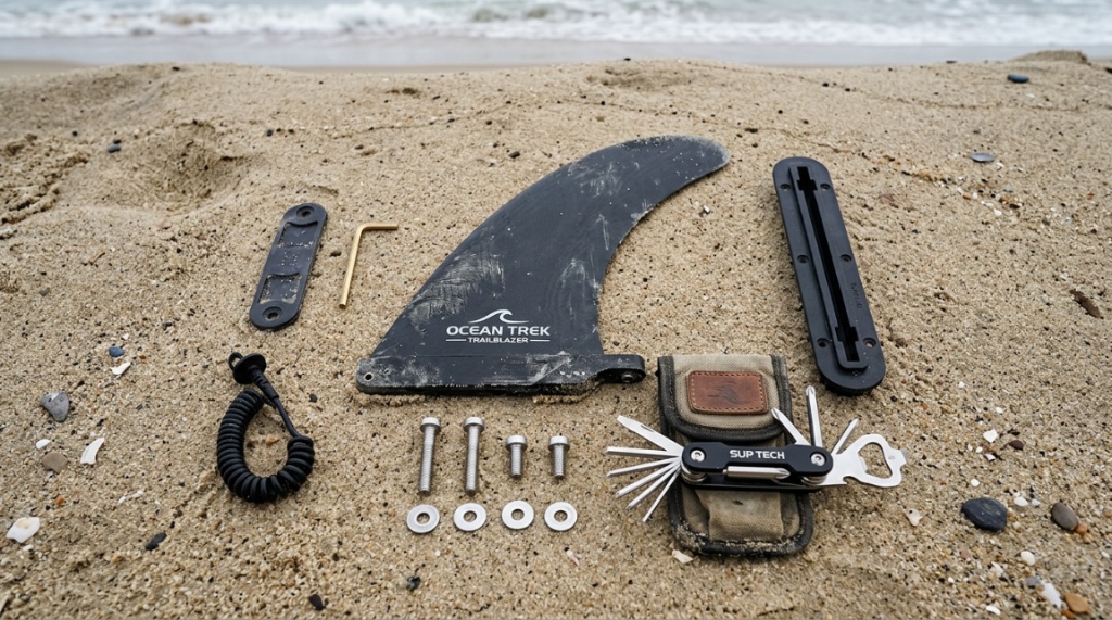 Heavy-duty SUP fin kit components displayed on a sandy beach.