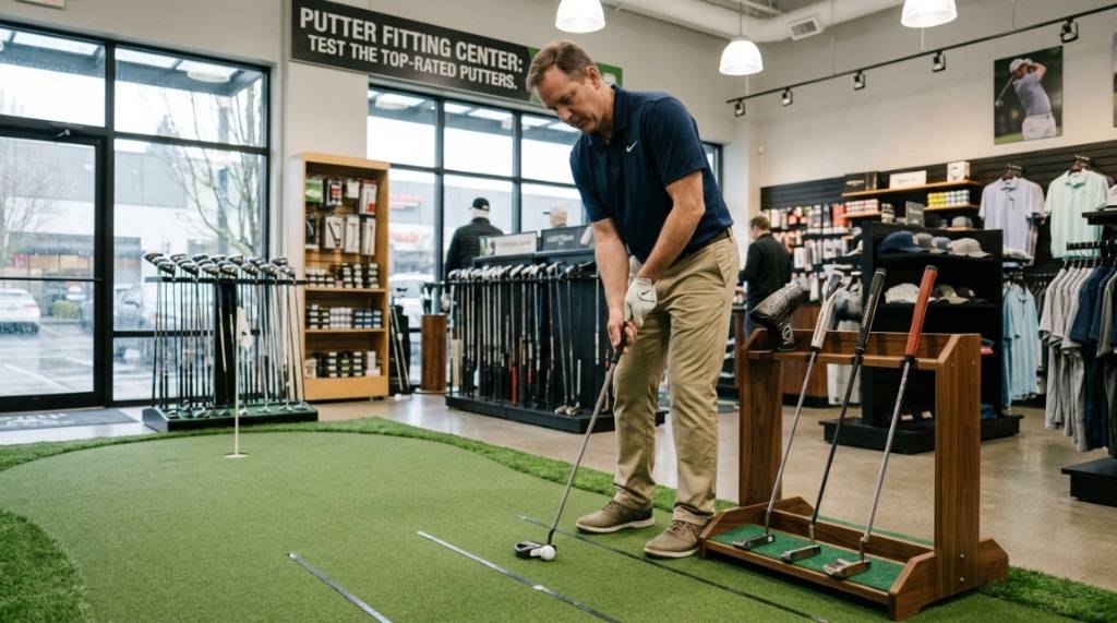 Customer testing top-rated putters at a golf shop in Washington.