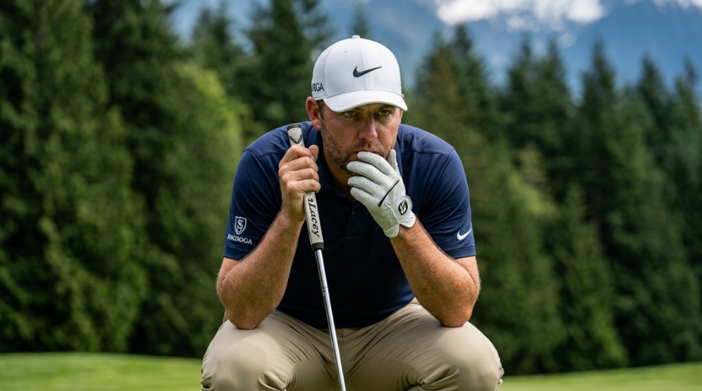 Golfer lining up a putt on a scenic Washington state golf course.