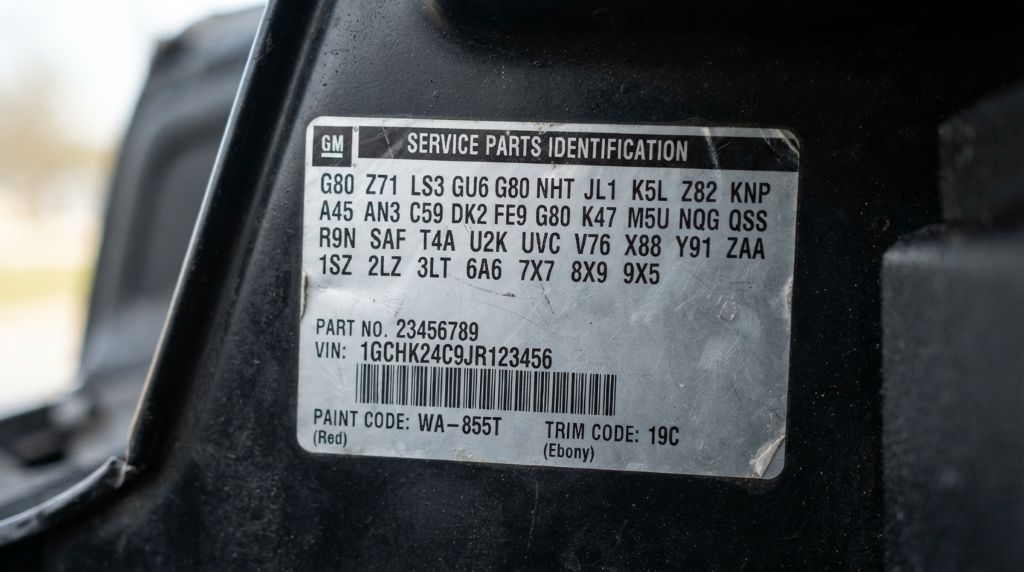 GM RPO code label showing vehicle build options