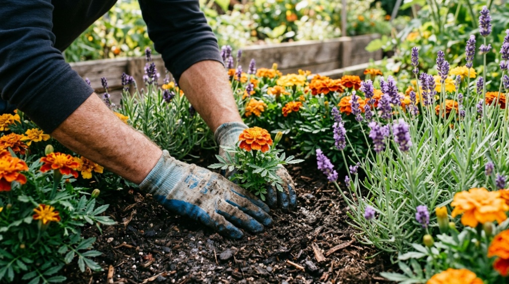 Close-up of vibrant lavender and marigold plants growing in a sunny garden bed.
