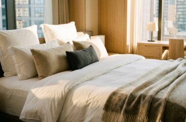 Hands smoothing high thread count white cotton sheets on a mattress.