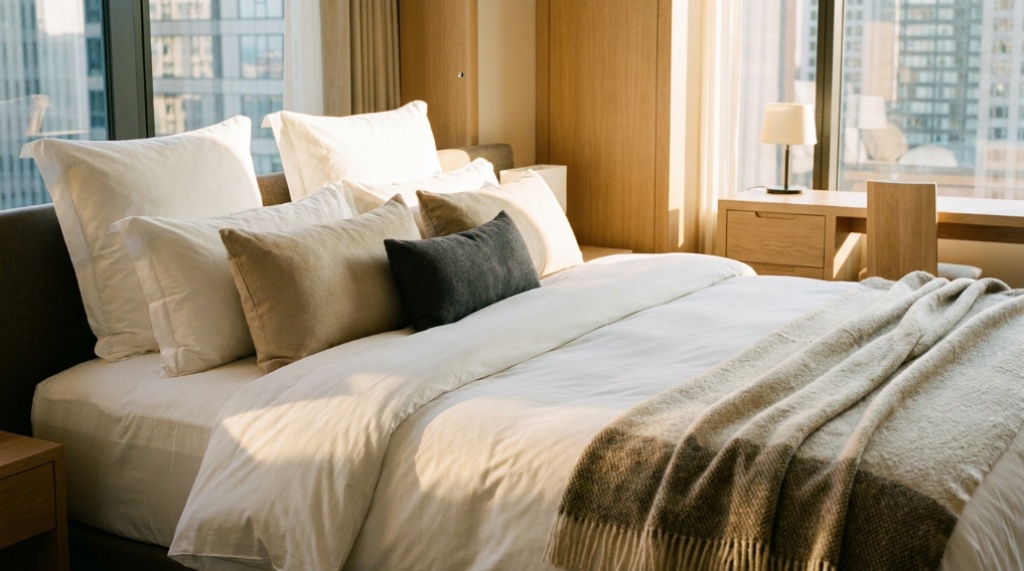 Hands smoothing high thread count white cotton sheets on a mattress.