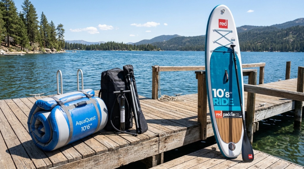 Rolled inflatable paddleboard and rigid hard paddleboard resting on wooden dock.