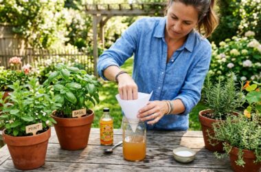 Person placing a DIY natural fly trap on an outdoor patio table.