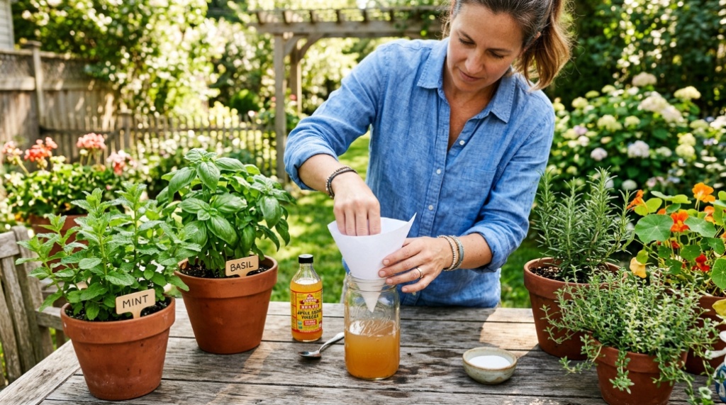 Person placing a DIY natural fly trap on an outdoor patio table.