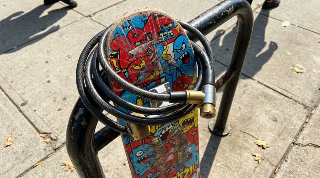 A colorful skateboard secured to a metal rack with a cable lock.