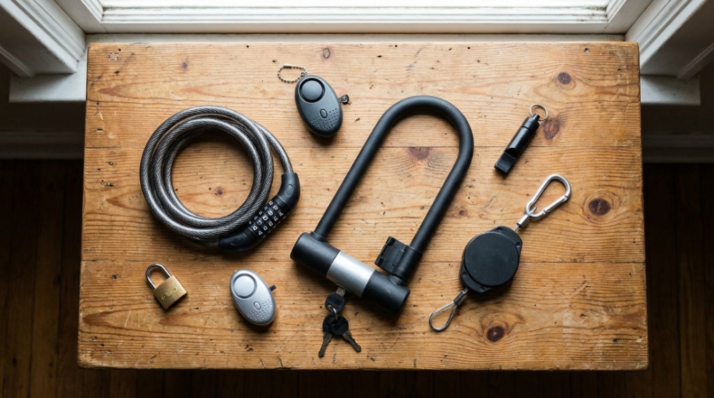 Various portable security locks arranged flat on a wooden surface.